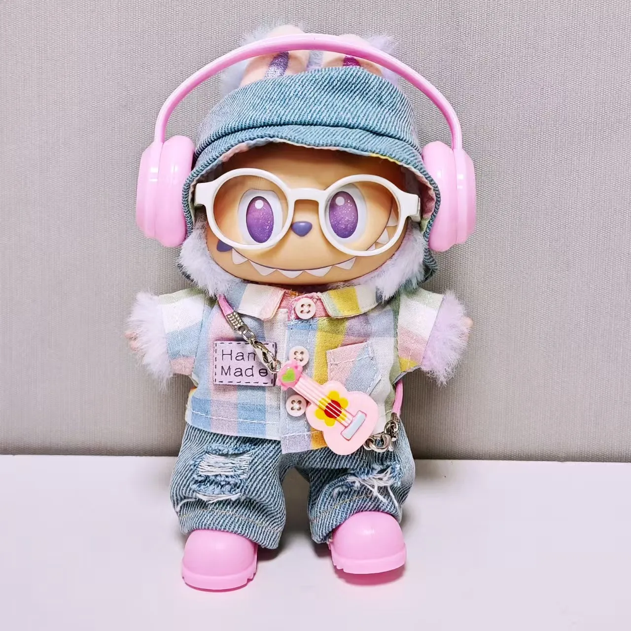 

For Labubu High-quality Kids' Clothing 15cm - 17cm Cute Rainbow Checkered Shirt Set For Labubu Universal Clothing