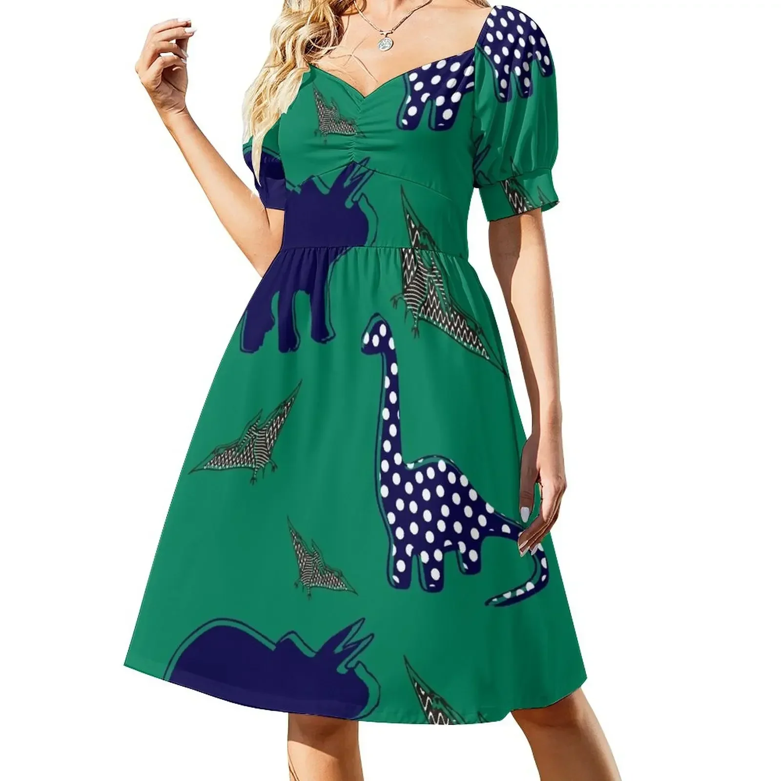 

dinosaur green Short-Sleeved Dress summer woman dress 2025 summer outfits for women 2025 dresses with long sleeves Dress