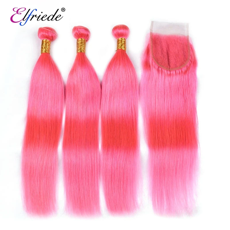 Elfriede #Pink Straight Hair Bundles with Closure 100% Remy Human Hair Sew In Wefts 3 Bundles with 4X4 Transparent Lace Closure