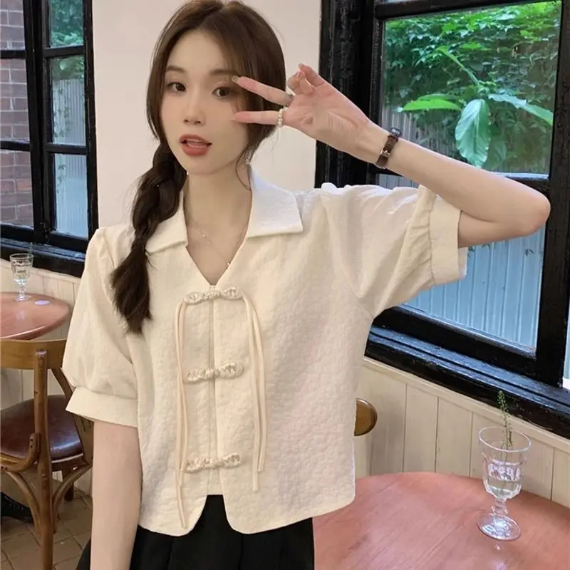 Women Summer Vintage Frog Temperament Polo-Neck Solid Color Short Sleeve Shirts Women Clothes Fashion All-match Appear Thin Tops