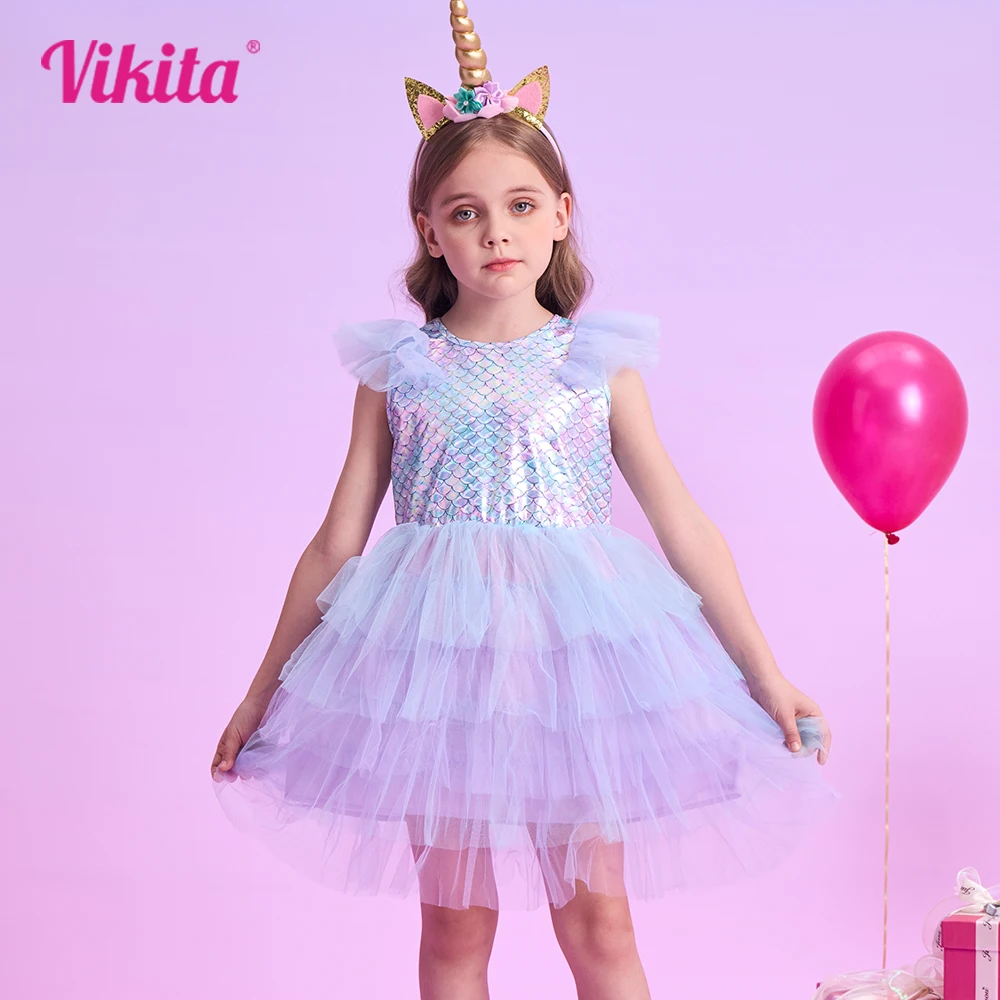 VIKITA Girls Flare Sleeve Summer Dress Kids Mermaid Print Birthday Party Travel Beach Princess Dresses Girls Mesh Tulle Dress