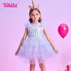 VIKITA Girls Flare Sleeve Summer Dress Kids Mermaid Print Birthday Party Travel Beach Princess Dresses Girls Mesh Tulle Dress