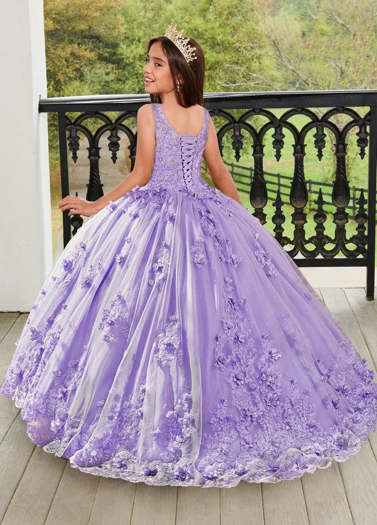 Lavender Mini Quinceanera Gaun gaun bola Tulle applique bunga gaun anak perempuan untuk pernikahan gaun kontes bayi