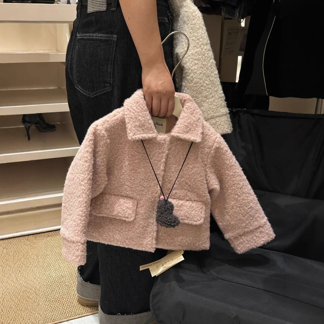 Girls Coat 2024 Winter New Childrens Clothing Korean Style Baby Girls Lapel Fur Padded Jacket Casual Simple and Daily