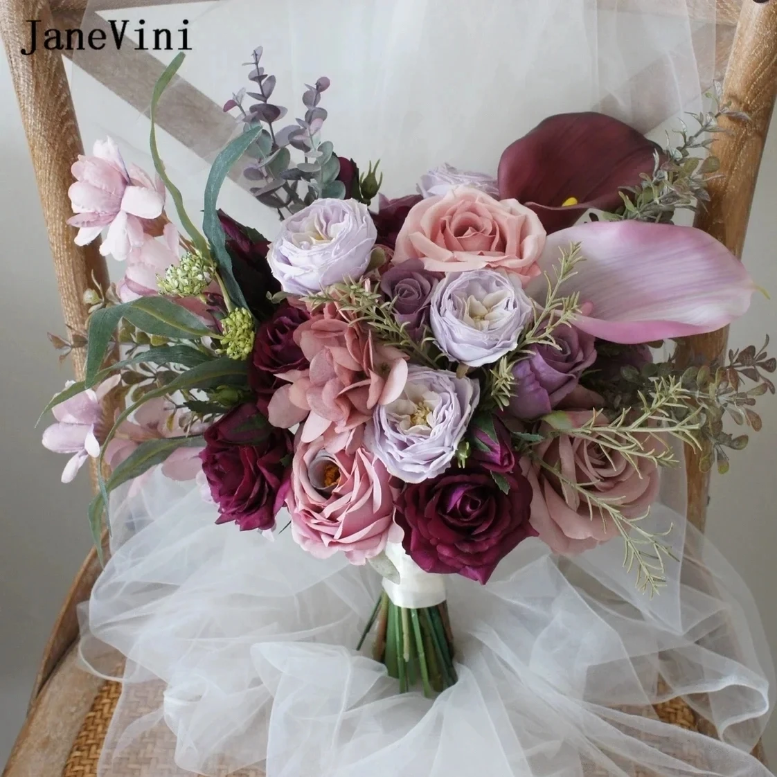 JaneVini Vintage Luxury Wedding Bouquet for Bride Synthetic Dusty Purple Pink Artificial Roses Bridal Flowers Bouquet Da Sposa