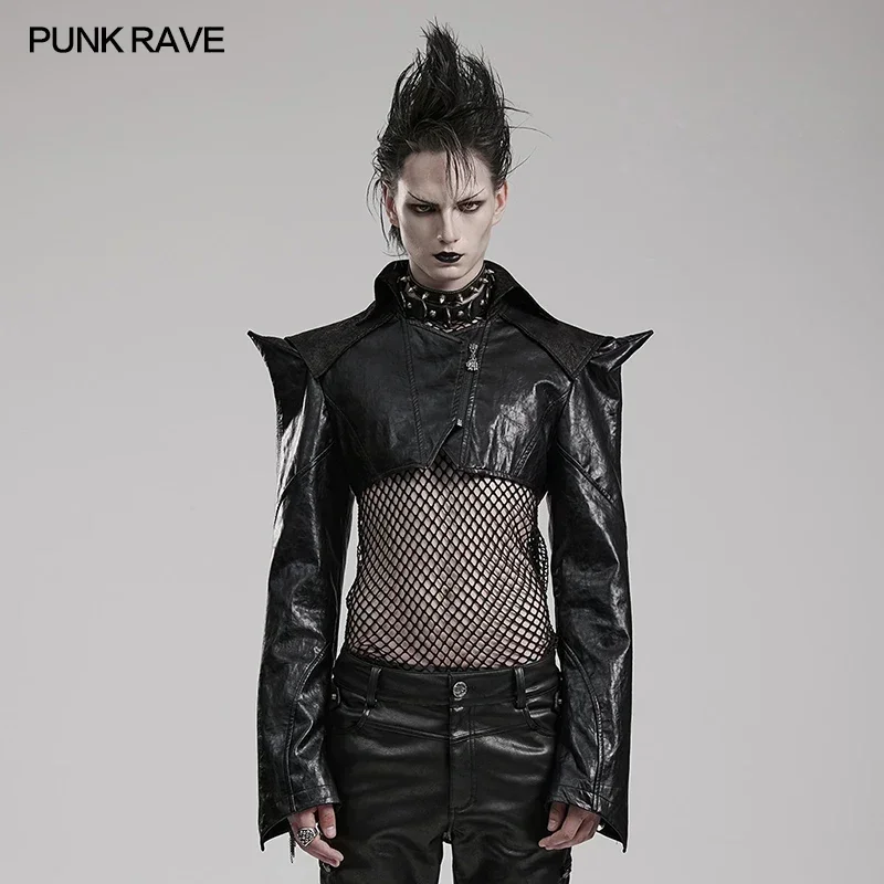 

PUNK RAVE Men's Punk Super Short Faux Leather Jacket Club Distinctive Sharp Shoulder Jackets Men Small Coats