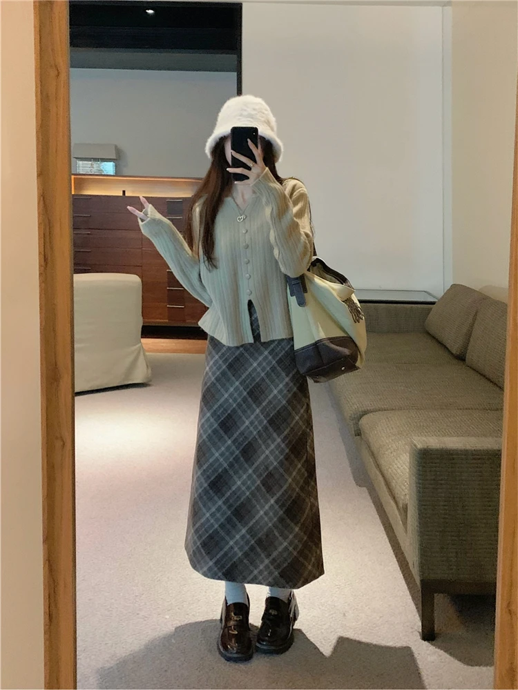 

Юбка-миди А-силуэта с разрезом, высокой талией, из твидовой ткани, в корейском стиле, для повседневной носки, подходит для женщин 8-24 лет