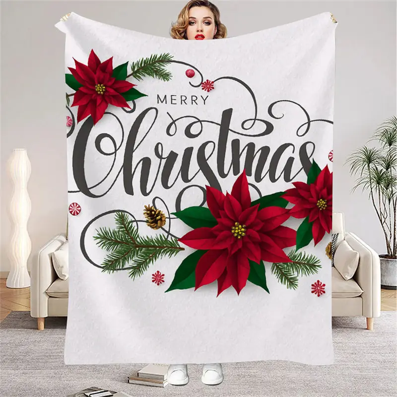 

Merry Christmas Throw Blanket With Flowers Cozy Warm Xmas Flannel Blanket For Living Room Sofa Bed or Couch All Season Gift