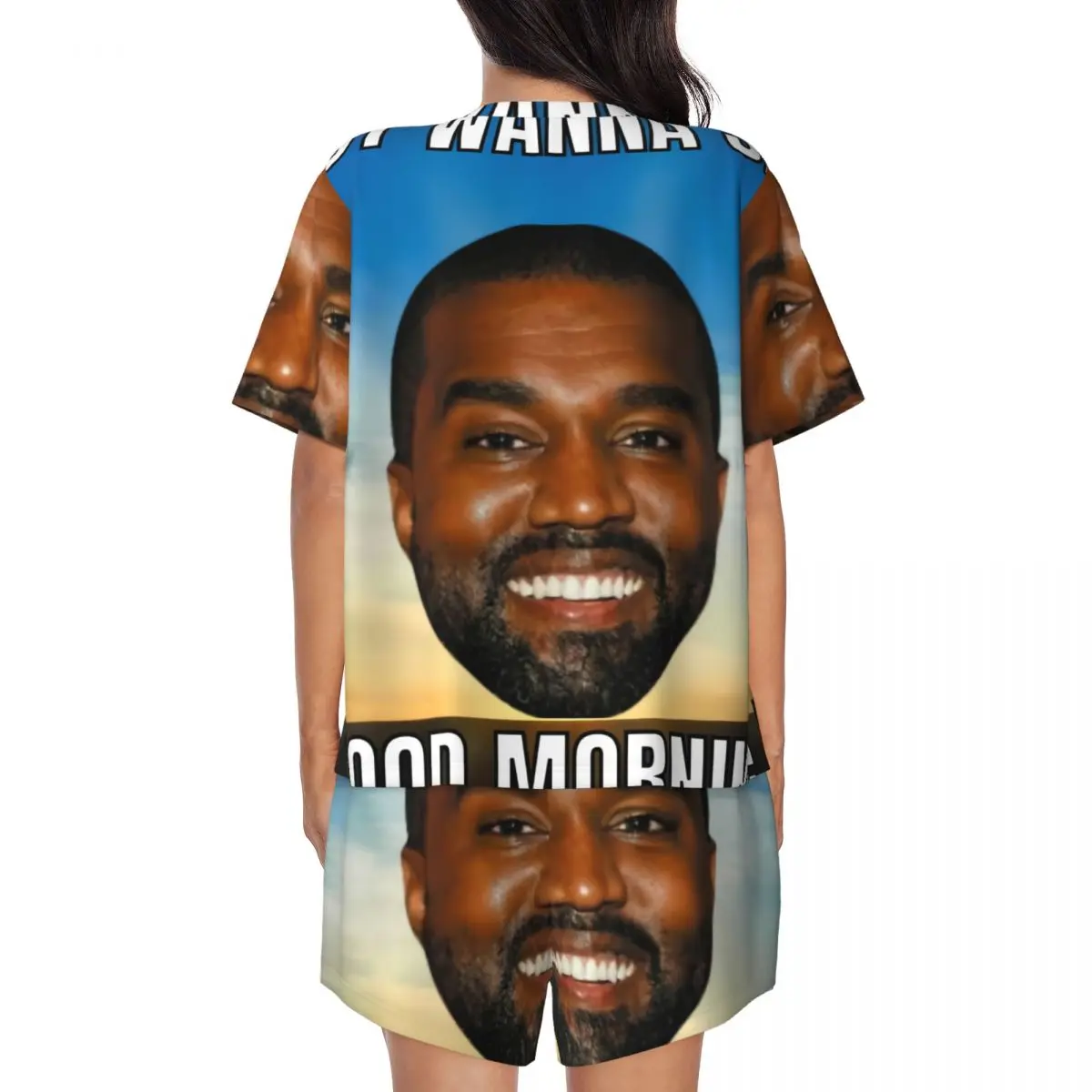 Custom Printed Women Funny Kanye West Meme Pajamas Set Rapper Music Producer 2 Piece Pjs Sets Short Sleeve Sleepwear Loungewear