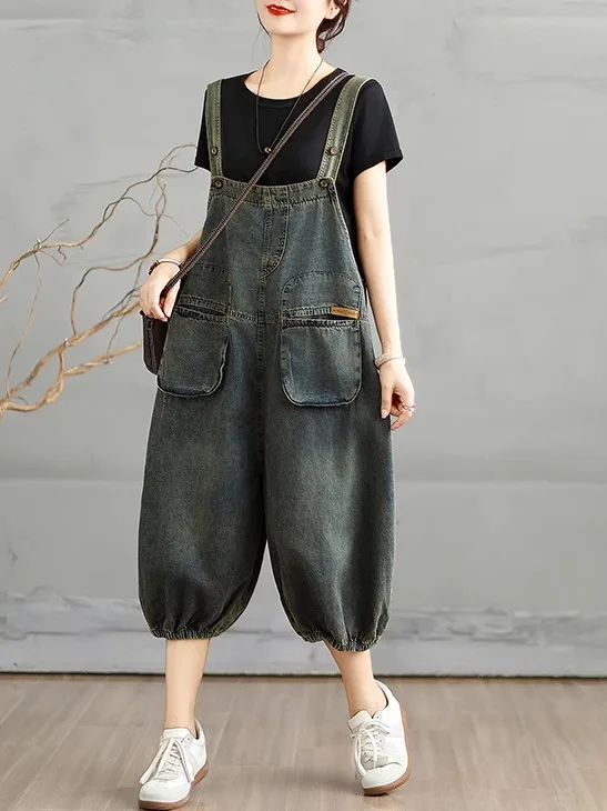 Retro Distressed Denim Overalls Women's Loose Meat Concealing Seven-Quarter Slouchy Pants Strap-On One-Piece Lantern Pants