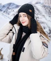 3pcs Excellent Acrylic Winter solid Hat Scarf Glove Sets for Men Women Beanies Hats Set Long Scarf Touch Screen Gloves