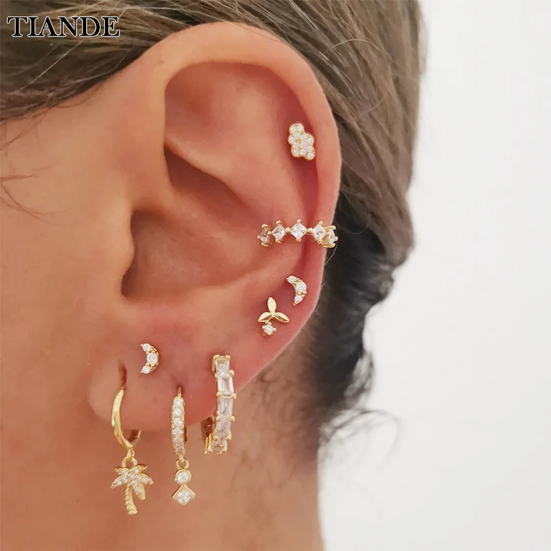 TIANDE Gold Color Dangel Earrings for Women Fashion Exquisite Zircon Ear Cuff Women's Stud Earrings 2023 Jewelry Set Wholesale