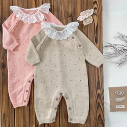 2024 New Autumn Infant Baby Knitted Romper Long Sleeved Solid Color Knitted Lace Splicing Korean Style Climbing Suit