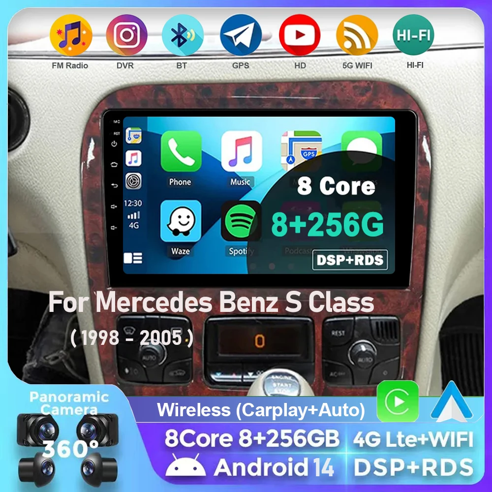 Android 14 Car Radio for Mercedes Benz S Class W220 S280 S320 S350 S400 S430 S500 S600 AMG 1998-2005 GPS WIFI 4G Carplay NO 2Din