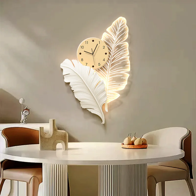 Cream wind feather clock decoration painting, background wall ambient light luminous wall clock wall light