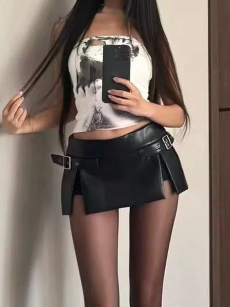 Pu Leather Black Ultra Mini Skirt Women Korean Sexy Low Waist Split Slimming Skirts Retro Spicy Girl Streetwear Faldas