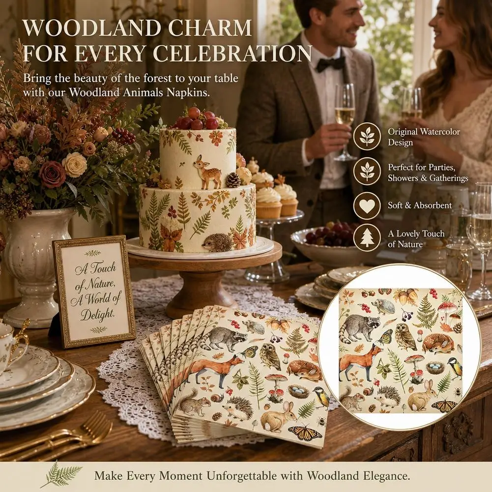 20Pcs Woodland Forest Animal Paper Napkins Disposable Serviettes Neutral Baby Shower Cottagecore DIY Decoupage Table Tissue