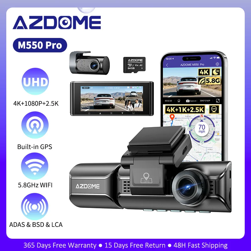 Azdome M550 Pro Dash Cam 4k+2.5k Dual Car Camera ADAS Built-in GPS 5G WIFI