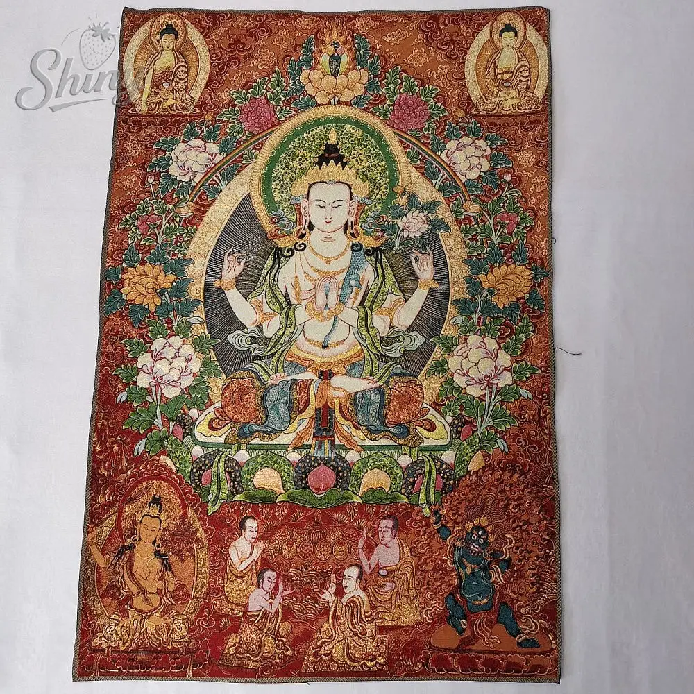 35.4″  Four-Armed Avalokiteshvara Bodhisattva Brocade Tibetan Tangka Embroidery Painting Gold Thread Embroidery Hanging Pictures