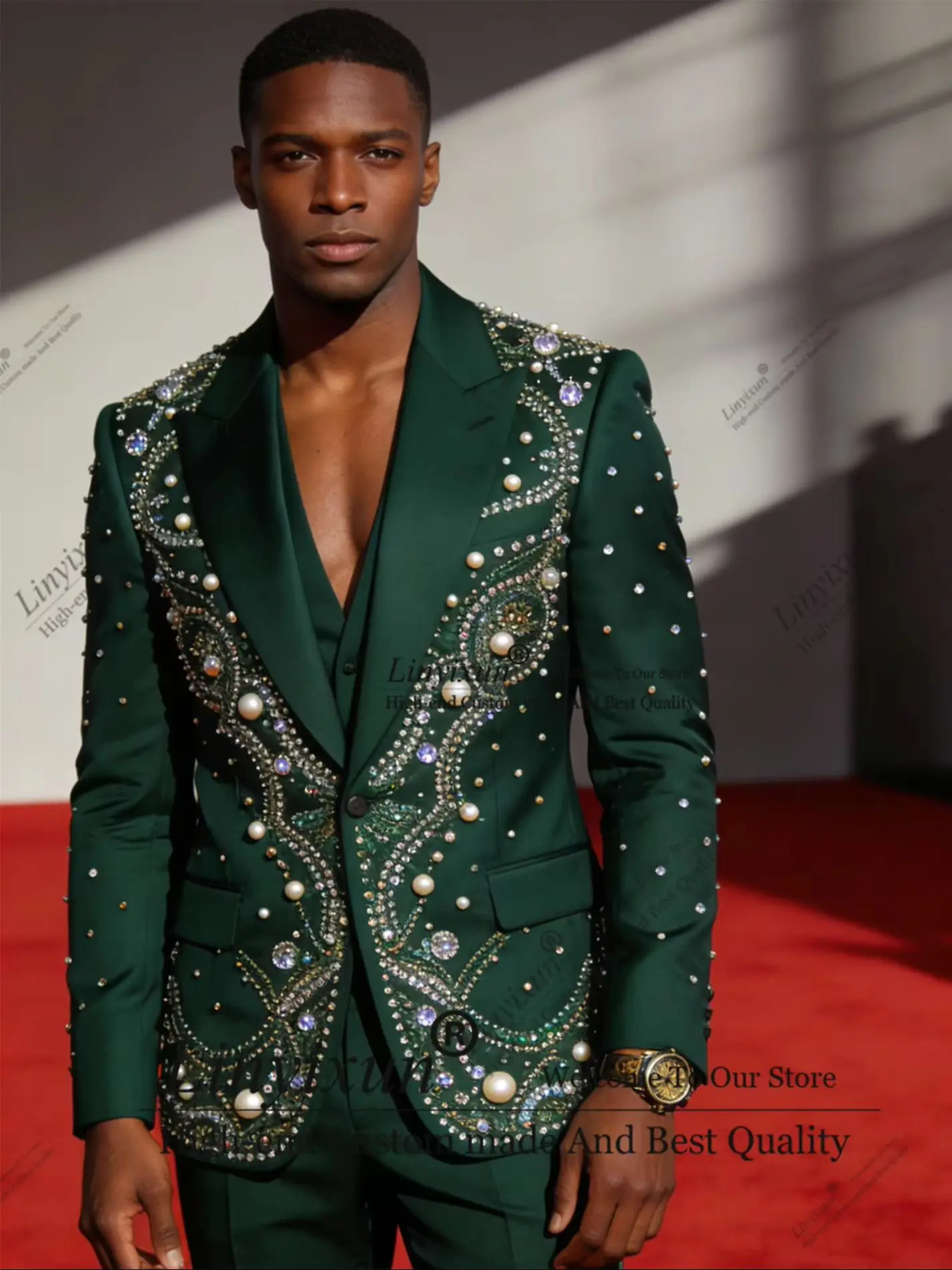

High End Rhinestone Beadeds Men Suits Peaked Lapel Groom Tuxedos 3 Pieces Sets Party Prom Blazer Customized Costume Homme