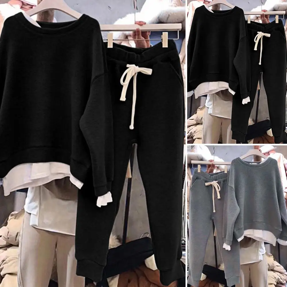 Женский осенний спортивный костюм, уличный свободный комплект из двух предметов, Осенний топ с круглым вырезом и штаны, костюм с свитшотом и спортивными штанами