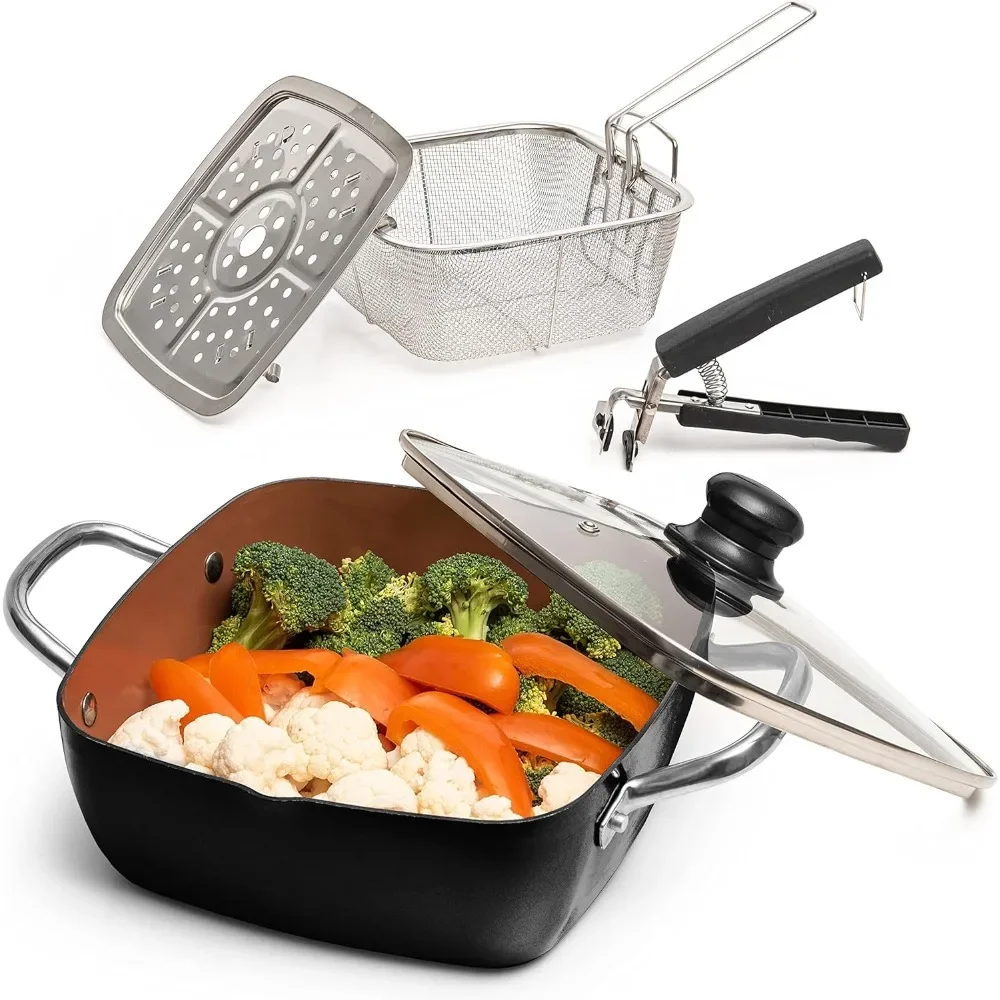 

Copper 5 Piece Set Chef Cookware, Non Stick Pan, Deep Square Pan, Fry Basket, Steamer Tray, Dishwasher &Oven Safe,5 Quart Copper