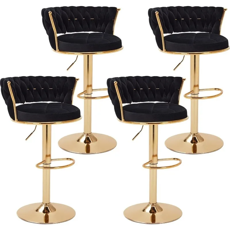 Bar Stools Set of 4, Adjustable Barstools Counter Height Stools with Back and Arm, Velvet Woven Kitchen Island Stools w/Gold