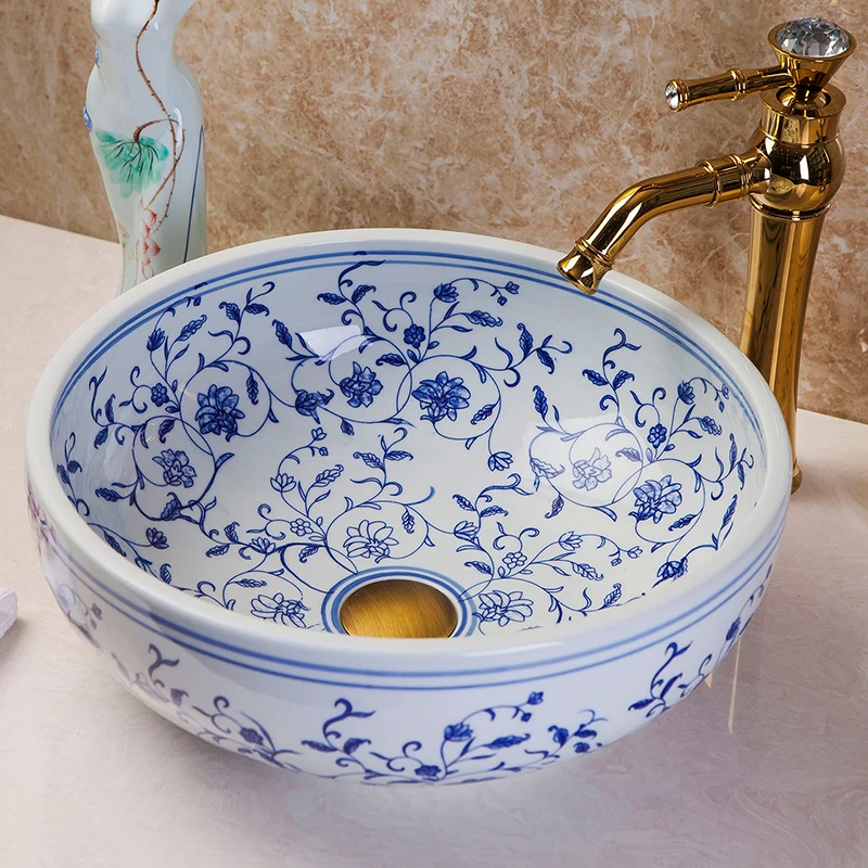 Jingdezhen hand paint craft blue and white ceramic bathroom wash basin sinks