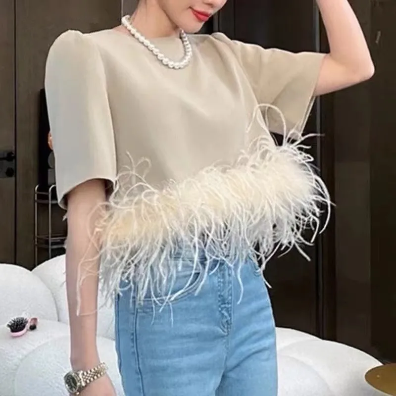 

New Fashion Designer Summer Socialite Ostrich Feather Tassel Stitched Short Sleeve T-Shirt For Women Round Collar Party Corp Top