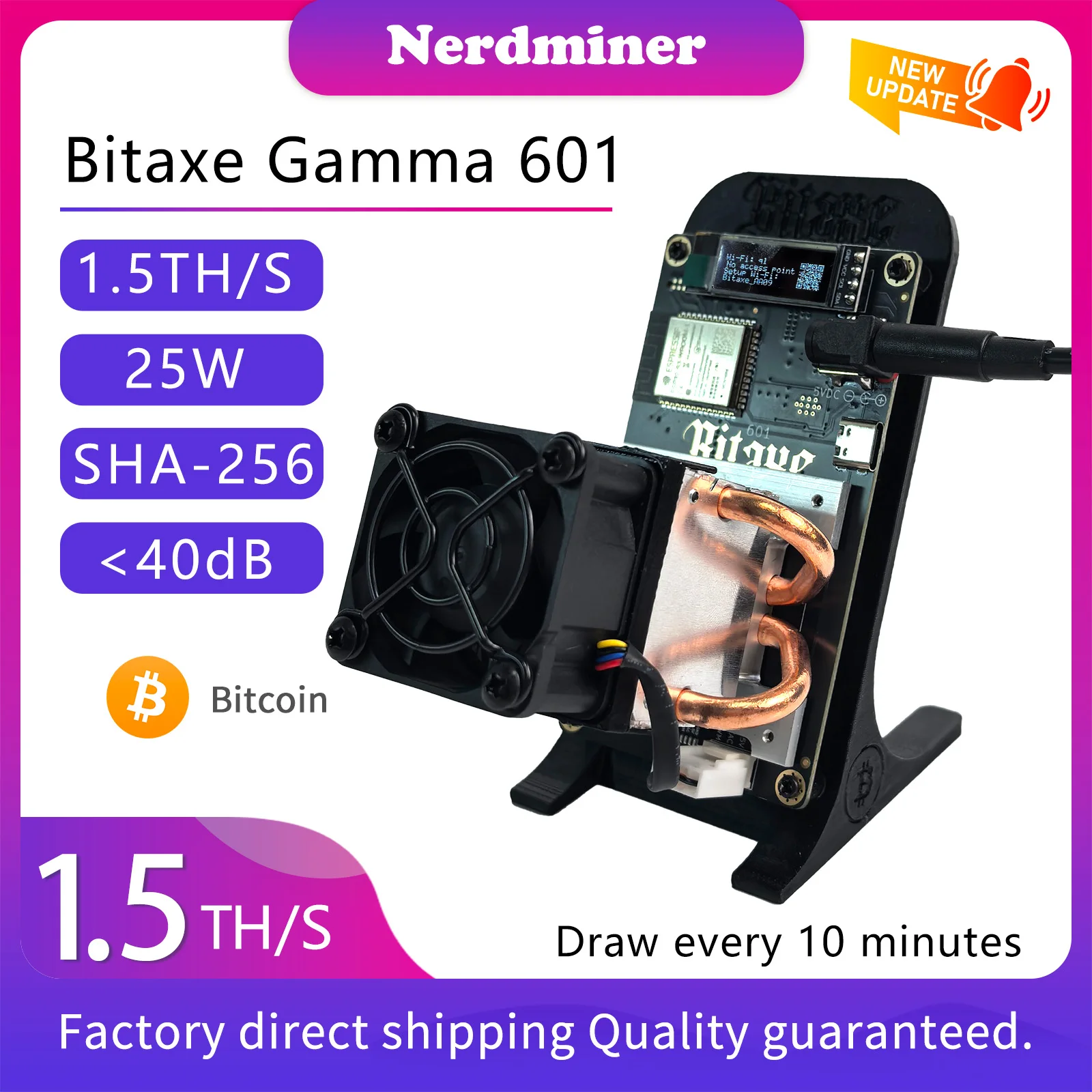 Bitaxe Gamma 601 1.5TH/S SHA256 Bitcoin Miner 18~25W Macchina per Mining Criptovalute ASIC a Bassissimo Consumo Energetico per Uso Domestico