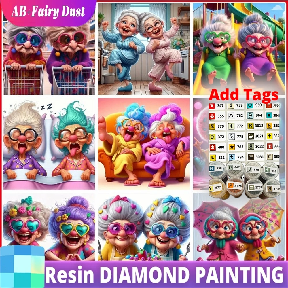 

Resin AB Fairy Dust Diamond Painting DIY 5D Grandma Full Round Drill Diamond Mosaic Old Lady Pixel Art Paintings