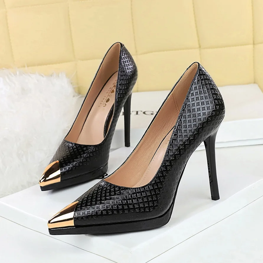 أحذية BIGTREE منقوشة من الجلد اللامع للنساء أحذية معدنية ذات طرف مدبب بكعب عالي أحذية الحفلات المثيرة بكعب 11.5 سم منصة #3