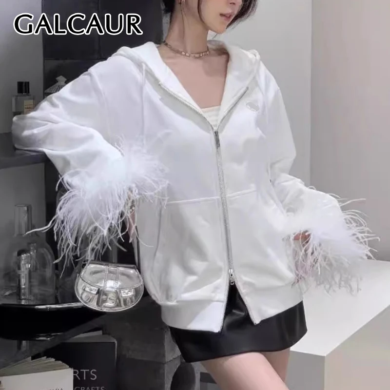 

GALCAUR Minimalist Solid Casual Patchwork Zipper Coats For Women Hooded Long Sleeve Spliced Feather Loose Coat Female Fashion