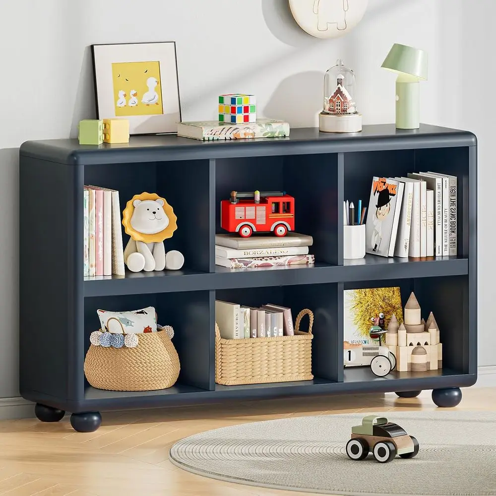

Children's Cube Bookcase with 6 Storage Bins, Rounded Design, Ideal for Playroom, Bedroom, and Classroom (Navy Blue)