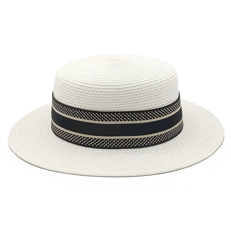 Trend Fashion Retro Summer Flat Top Wide Brim Woven Straw Hat for Women Holiday Beach Sunscreen Ribbon Top Hat Ladies Straw Hat