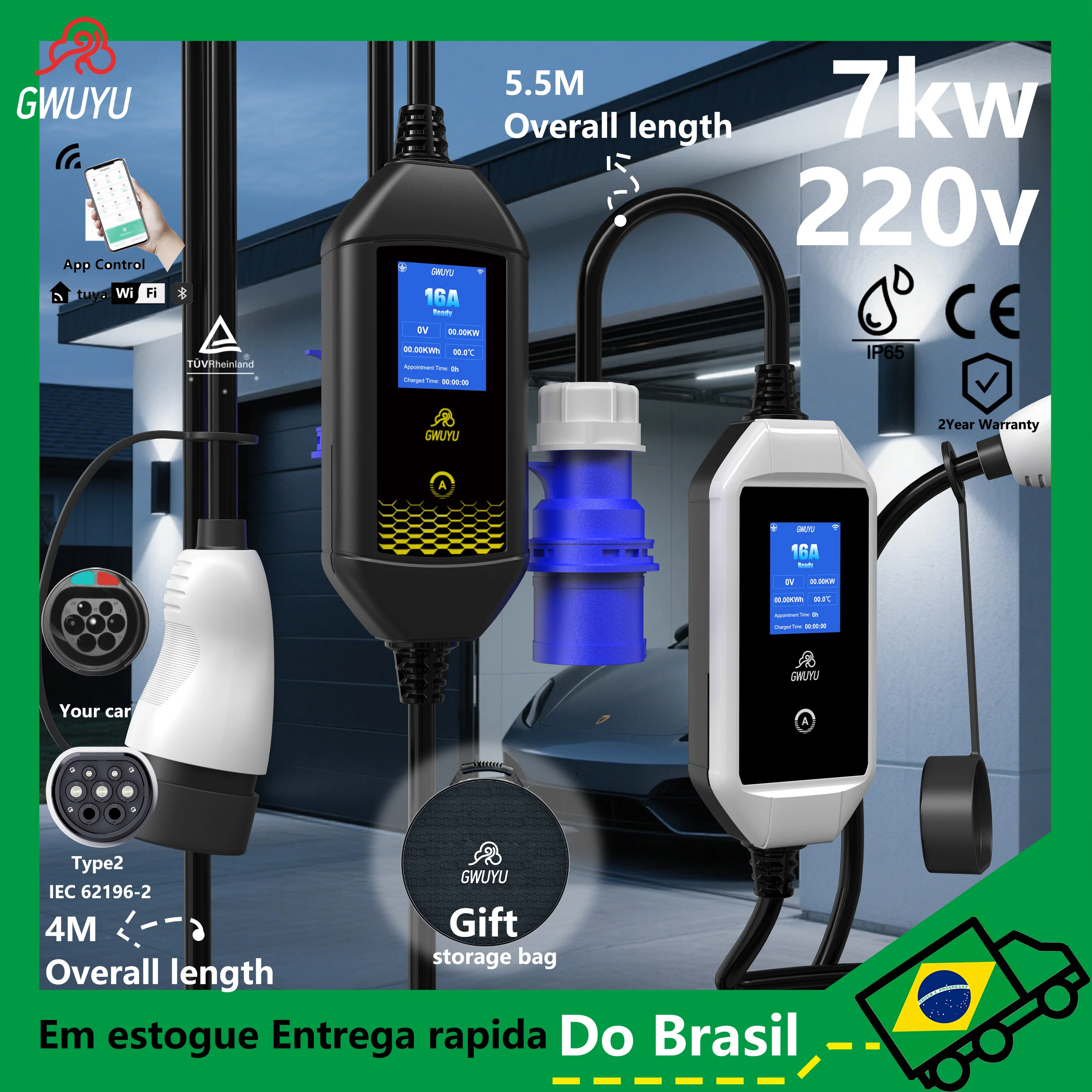Caixa de Carregamento EVSE Tipo 2 GWUYU 32A 7KW Carregador Portátil para Carro 3.5KW 16A Monofásico para Veículo Elétrico Cabo de 4m 5.5m Envio do Brasil