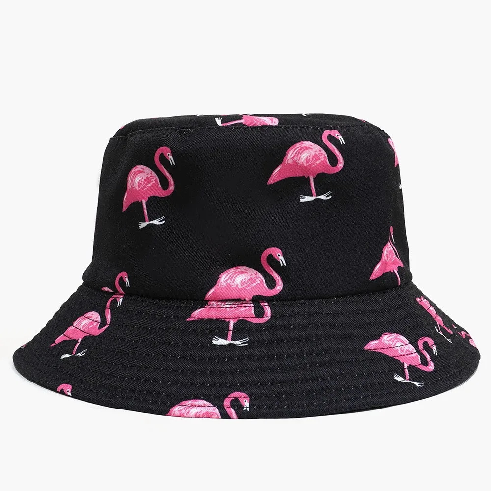 Unisex Flamingos Cartoon Print Bucket Hat, lados duplos, reversível, Panamá, pescador, ao ar livre, sol, Hip Hop Cap, homens, mulheres, verão