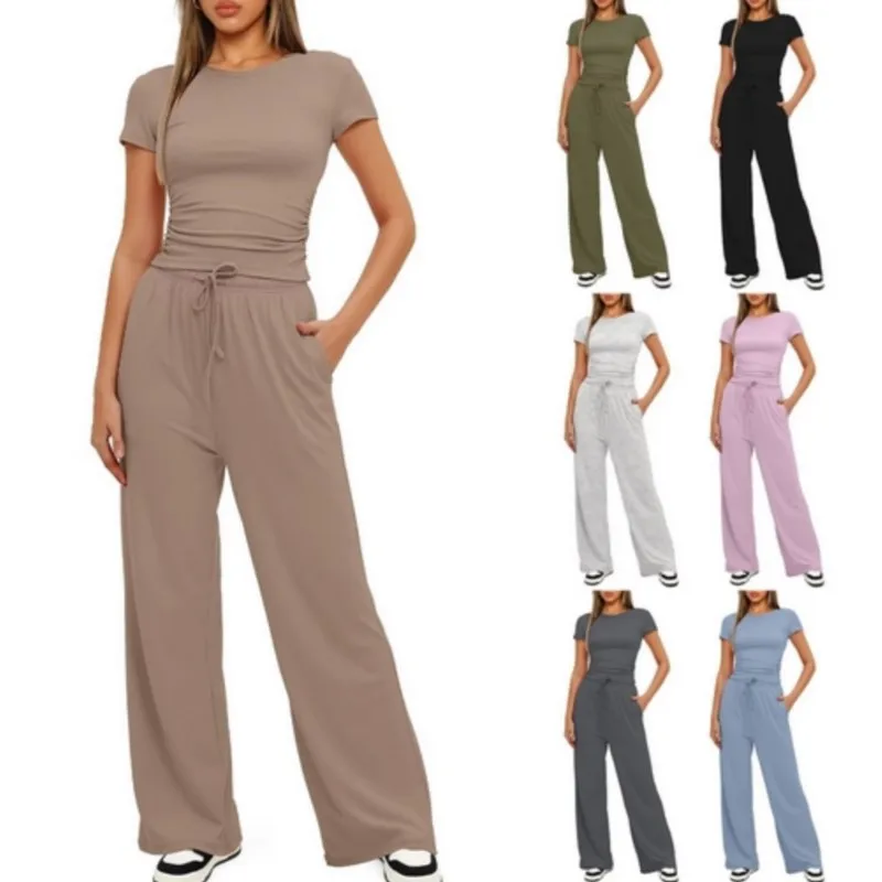 Women\'s 2 Piece Outfits Lounge Sets Ruched Short Sleeve Tops and High Waisted Wide Leg Pants Tracksuit Sets