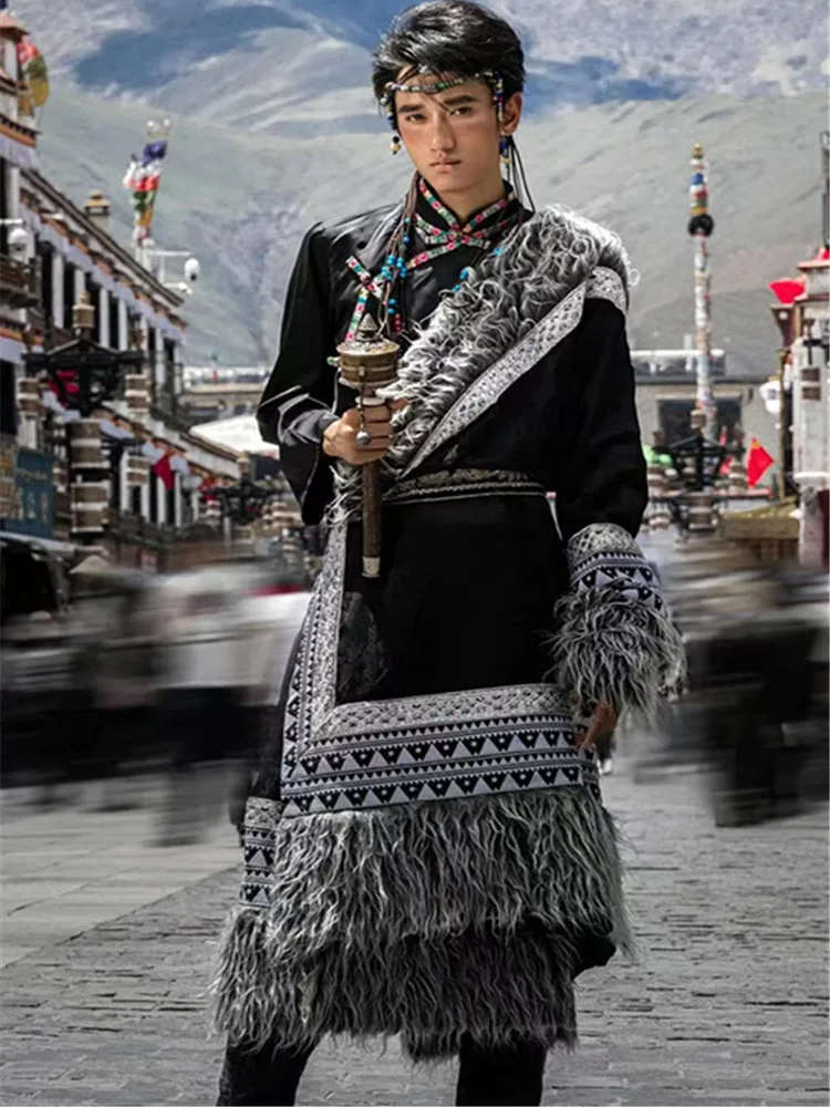 

Tibetan Men's Long Robe Ethnic Clothing Traditional Outfit Outdoor Photography Costume Polyester Fiber Summer New Arrival