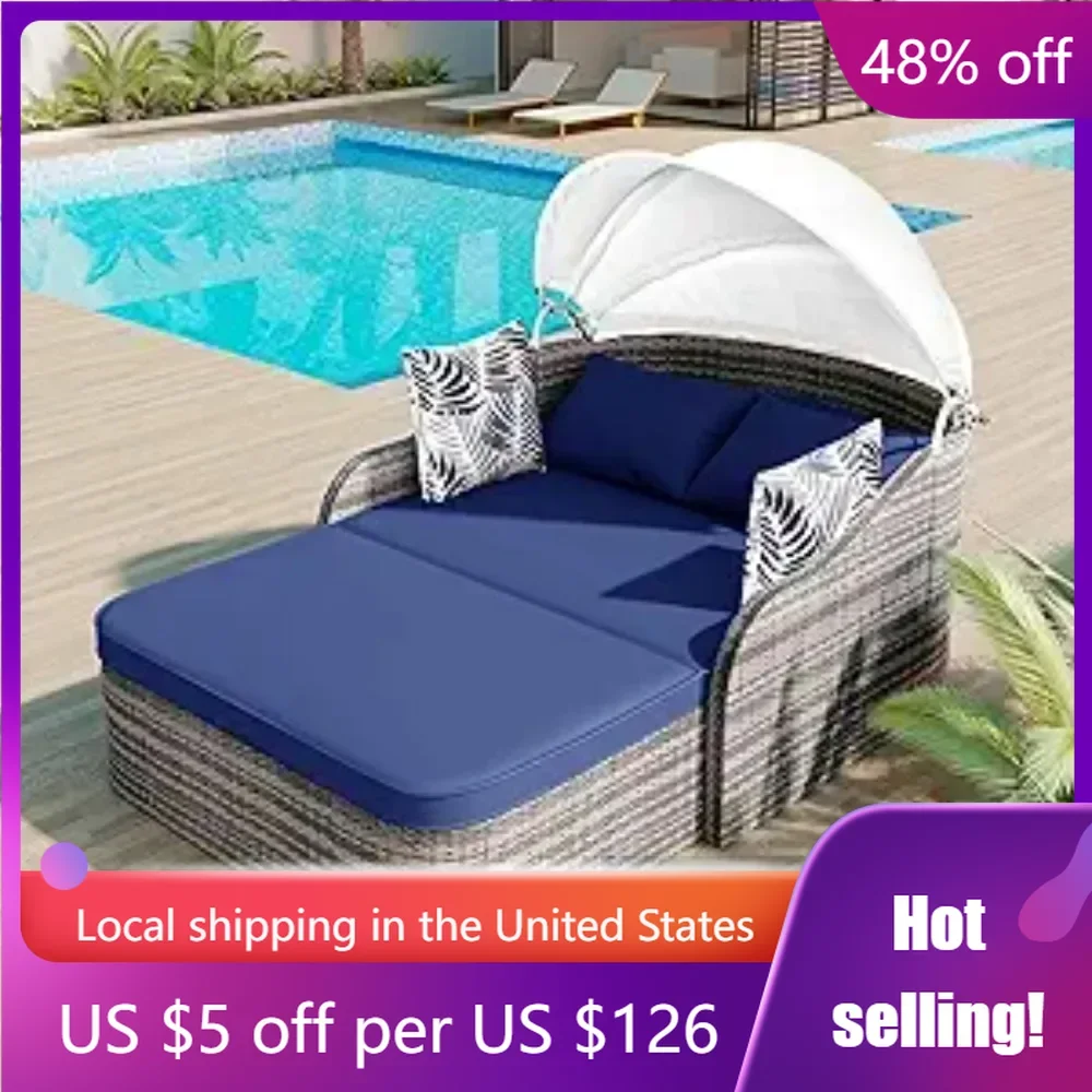 

79.9" Outdoor Daybed with Adjustable Canopy, Patio PE Rattan Sunbed with Curved Armrests, Cushions and 4 Pillows, Freight Free