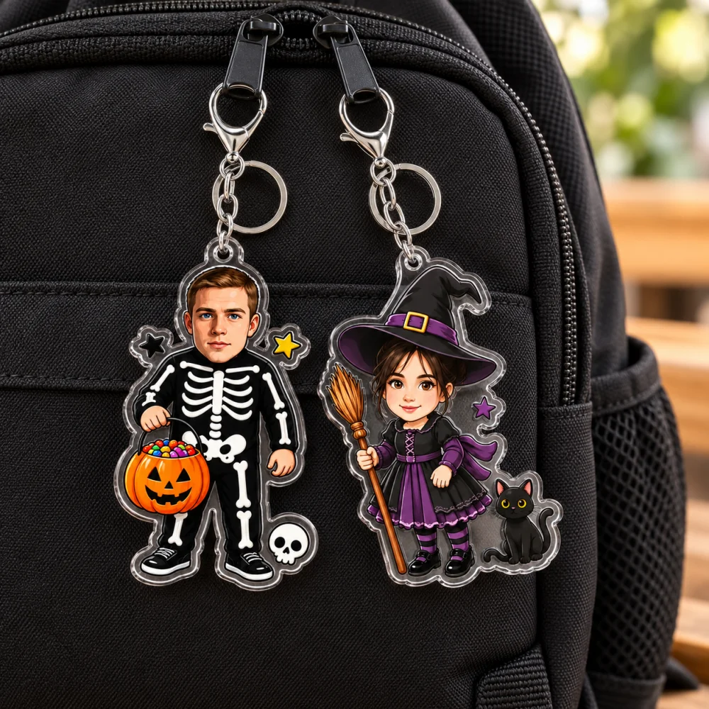 2Pcs Custom Photo Halloween Couple Keychains, 2D Flat Personalized Acrylic Key Rings,Matching Halloween Costume Bag Charms Gifts