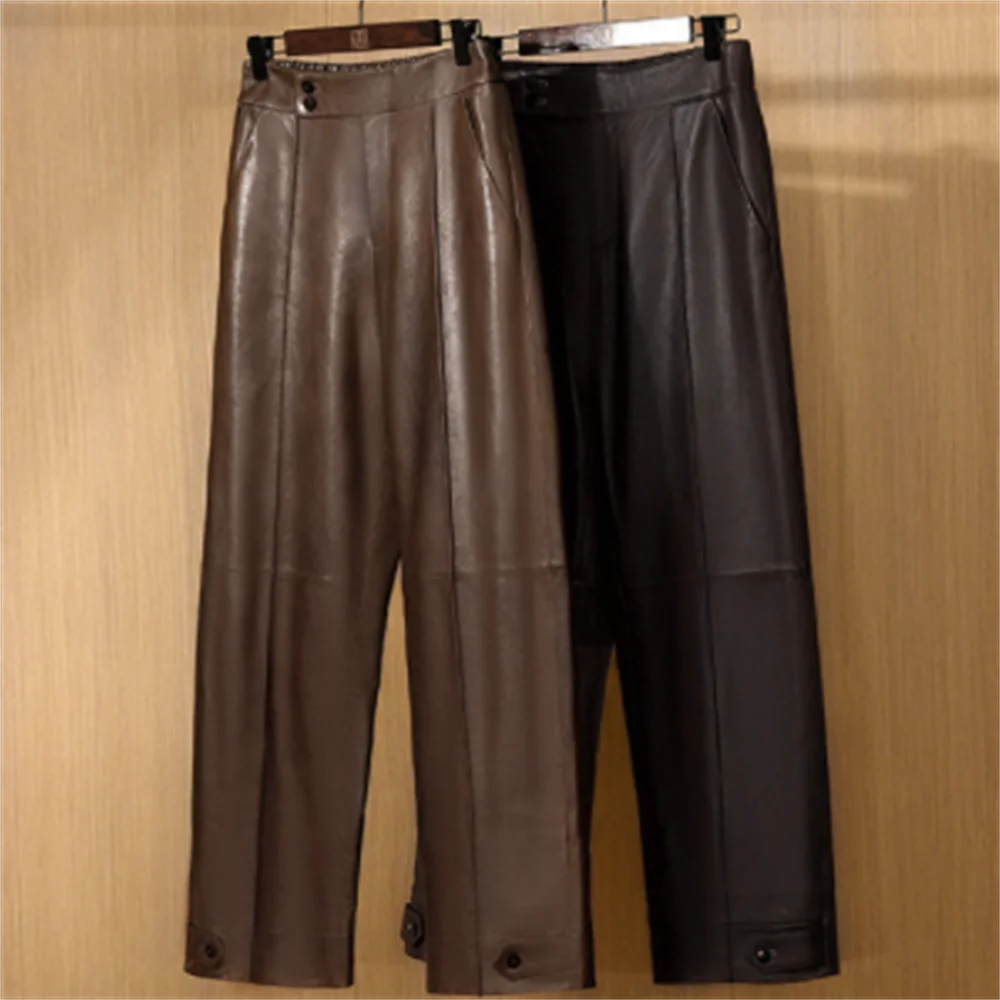 

Autumn and winter design PU leather trousers high waist thin loose straight trousers Chocolate color women fashion
