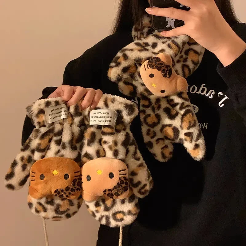 HelloKitty Leopard Print Plush Scarf Glove Combination Cute Outdoor Clycing Hanging Neck Full Finger Mittens Windproof Keep Warm