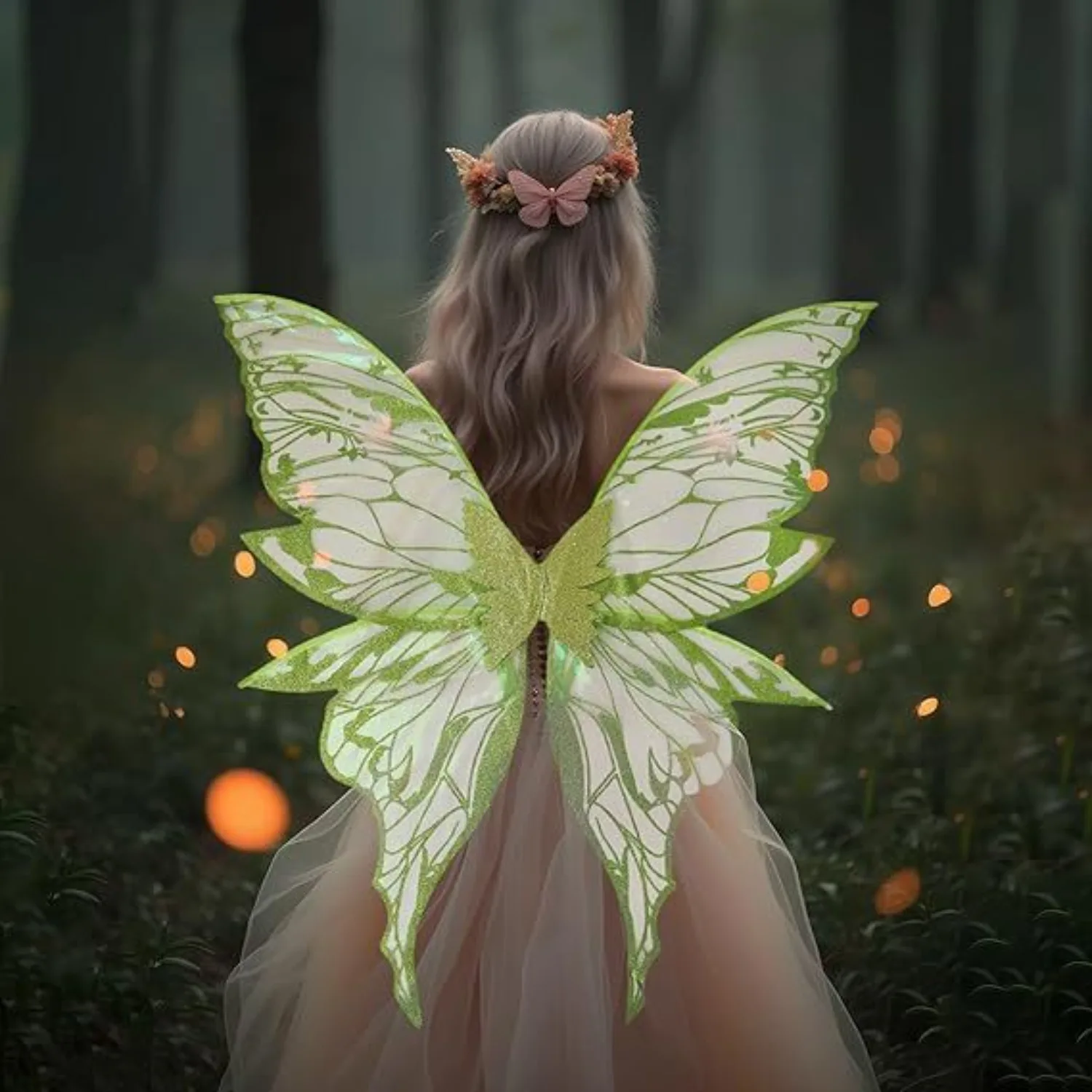 Zestaw skrzydeł wróżki dla dorosłych i dzieci - zielone skrzydła motyla z kwiatową koroną, idealne na Halloween i cosplay ‌