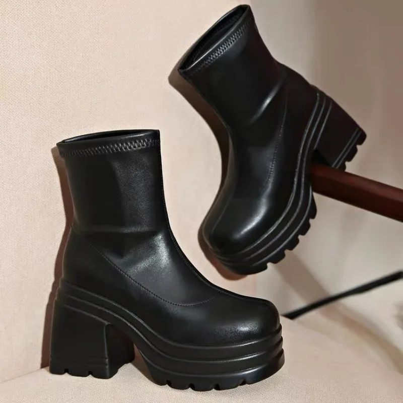 Large Size Women Fashion Short Boots Spring Autumn Thick Elevated Sole High Heel Design All Match Daily High Heel Footwear 2026