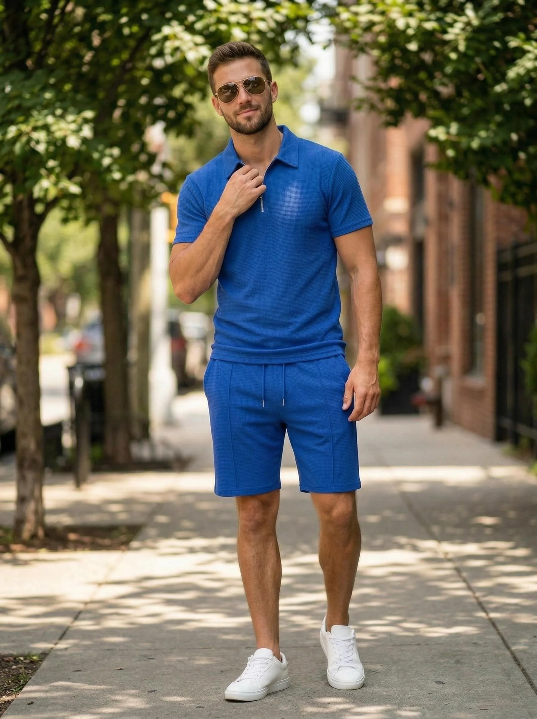 

Men's Two-Piece Waffle Knit Polo Shirt Set, Collared Short-Sleeve Zipper Polo Shirt and Shorts, Casual Summer Sportswear