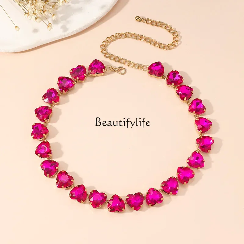 

Rose pink peach heart love glass crystal collarbone chain exaggerated dinner accessories