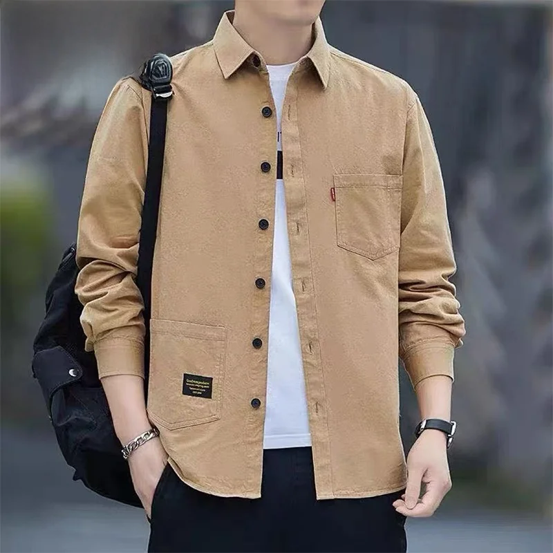

Универсальная мужская рубашка свободного кроя для повседневной носки, однотонная, на пуговицах, с длинным рукавом, для делового и повседневного стиля, весна-осень