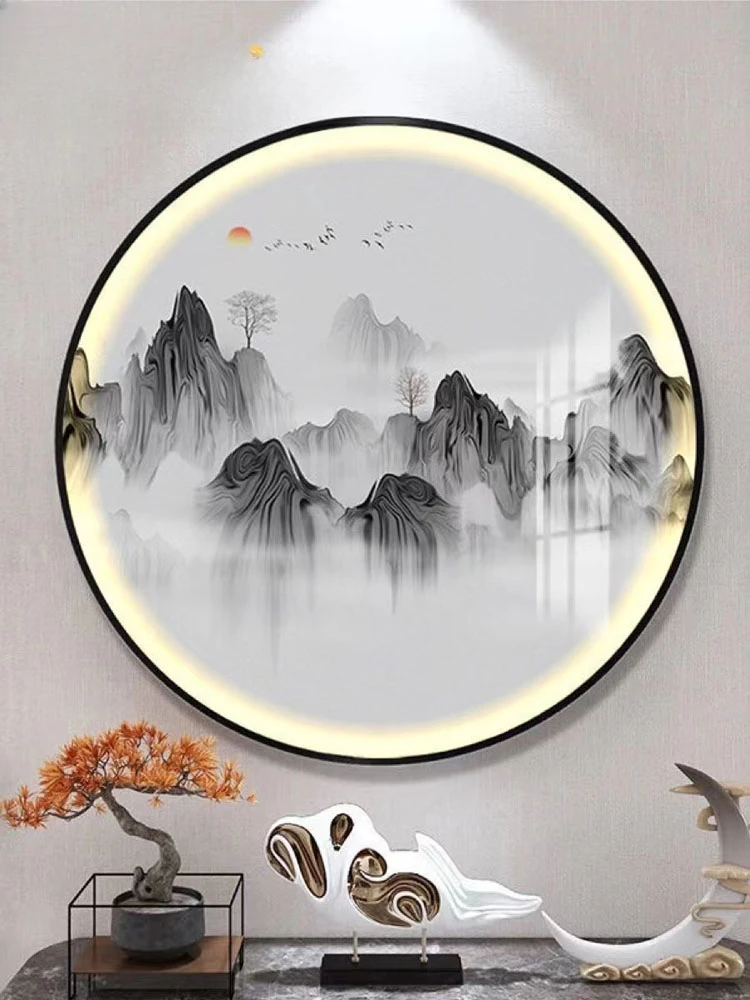 New Chinese round lamp painting, ink landscape, artistic conception, landscape tea room, round hanging painting, living room