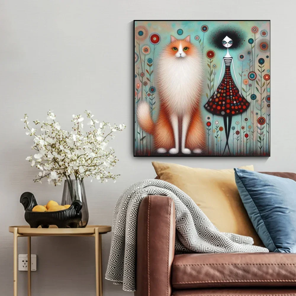 Comic Style Woman And Cat Illustration Poster Prints For Living Room Home Decor Cartoon Girl And Kitten Canvas Panting Wall Art